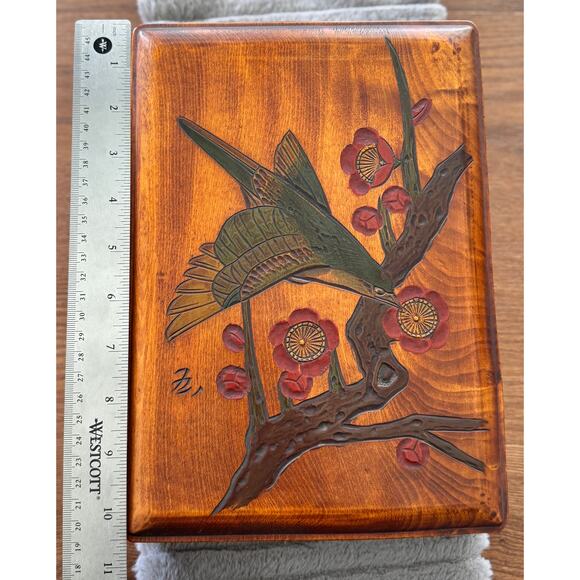 Vintage Japanese Urushi Lacquer Art Wooden Box, Handcarved Bird & Flower, Signed - Picture 13 of 16